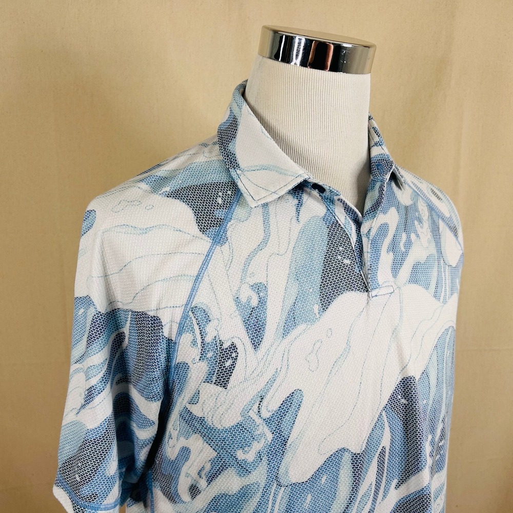 Tommy Bahama Medium IslandZone Polo Shirt Blue White Ocean Waves Casual Mens